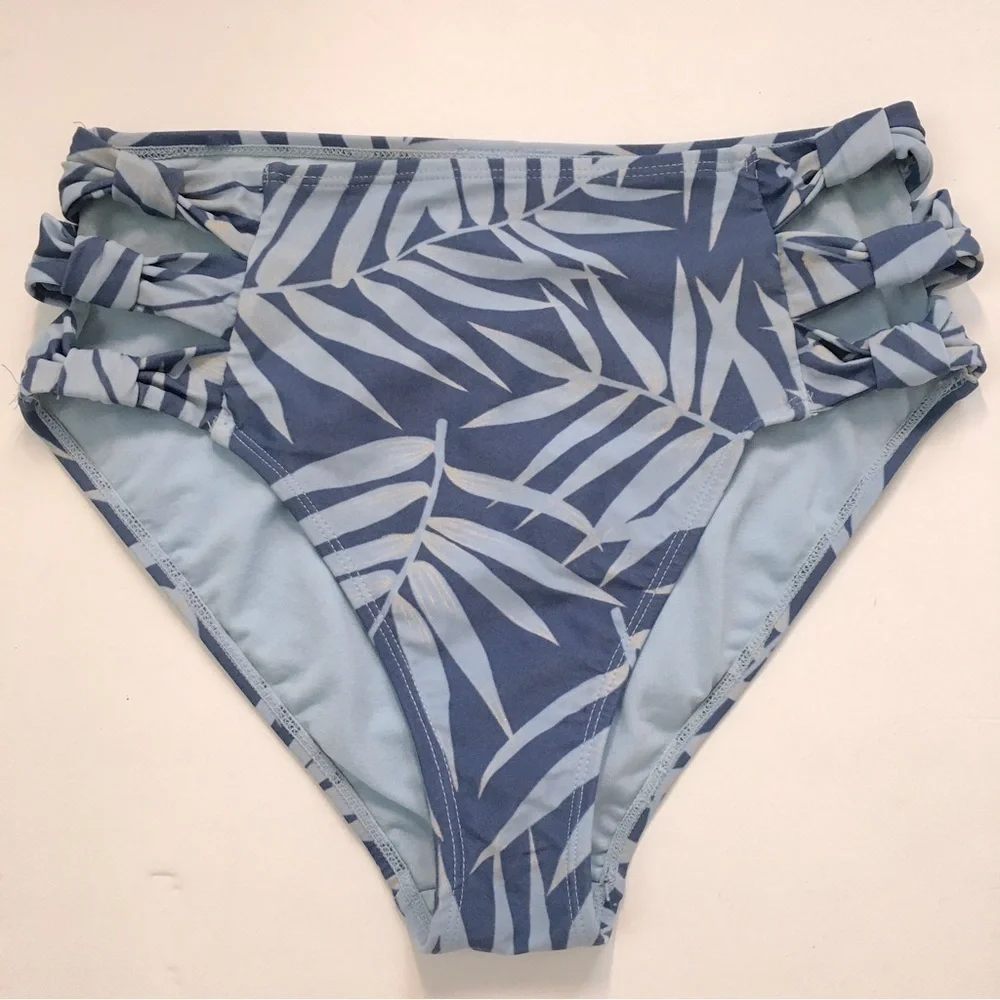 Xhiliration Blue Palm print High Waist Swimsuit Bikini Bottom
